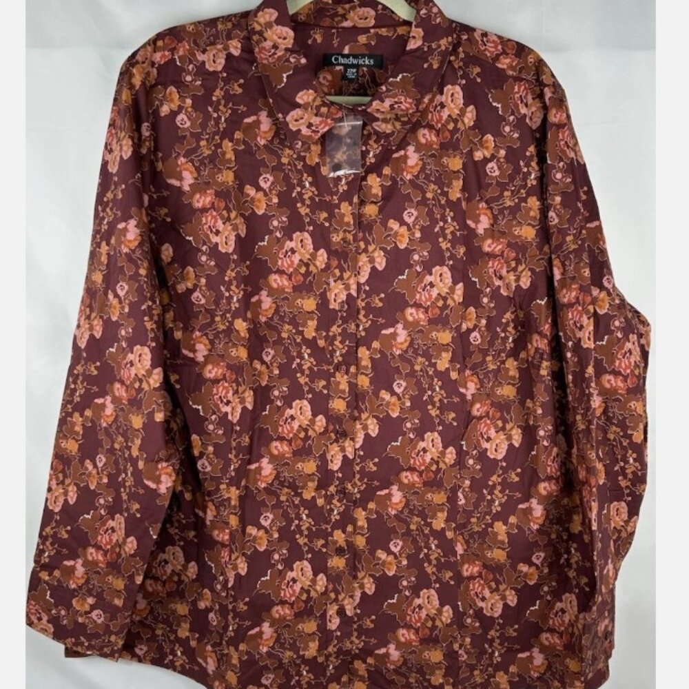 NEW Chadwicks Maroon Brown Floral Button Front Top Womens Plus 22W Stretch